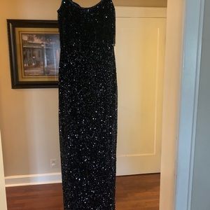 Navy blue, silk, sequined, long evening dress